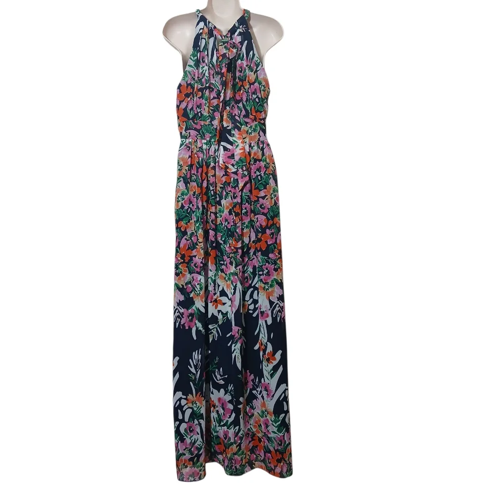Eliza J Halter Chiffon Maxi Dress – Navy Pink Floral Party Spring Summer NWT - Picture 8 of 12